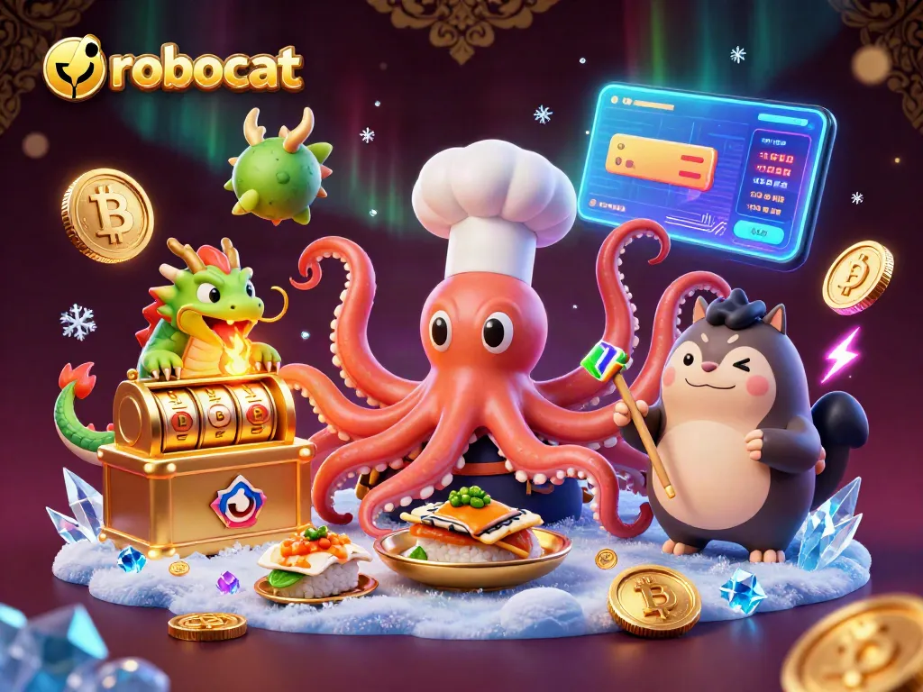 Experience Robocat's vibrant slots scene with a sushi chef octopus and dragon enhancing gameplay excitement.