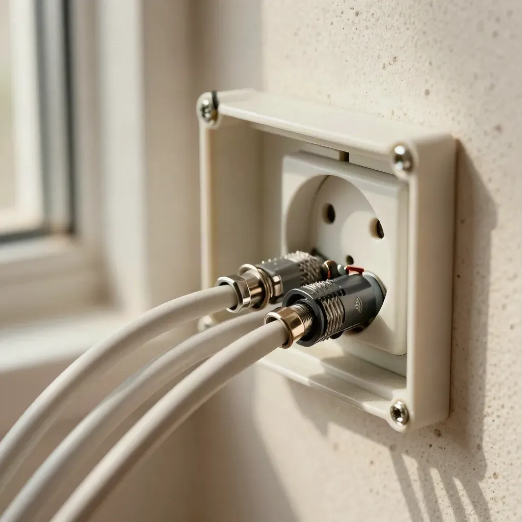 Caja de derivación abierta con cables coaxiales y toma de pared en un cuarto técnico.