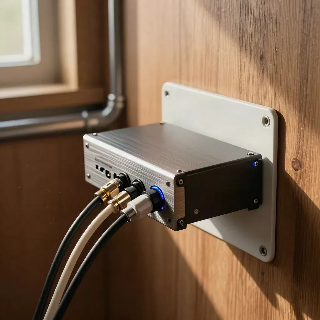 Amplificador nuevo instalado en pared, con cables y luz de estado azul tenue