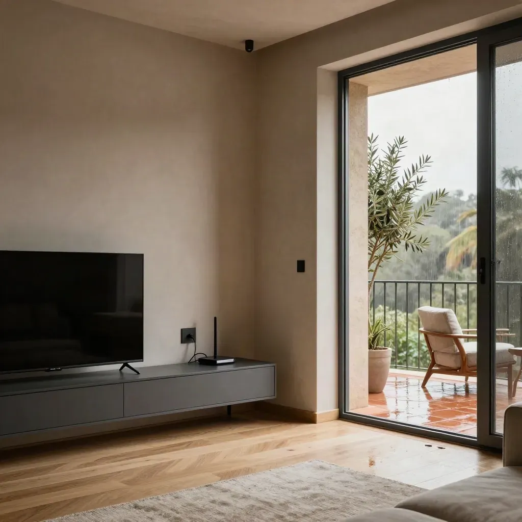 Salón valenciano con TV estable, cableado limpio y terraza mojada abierta.