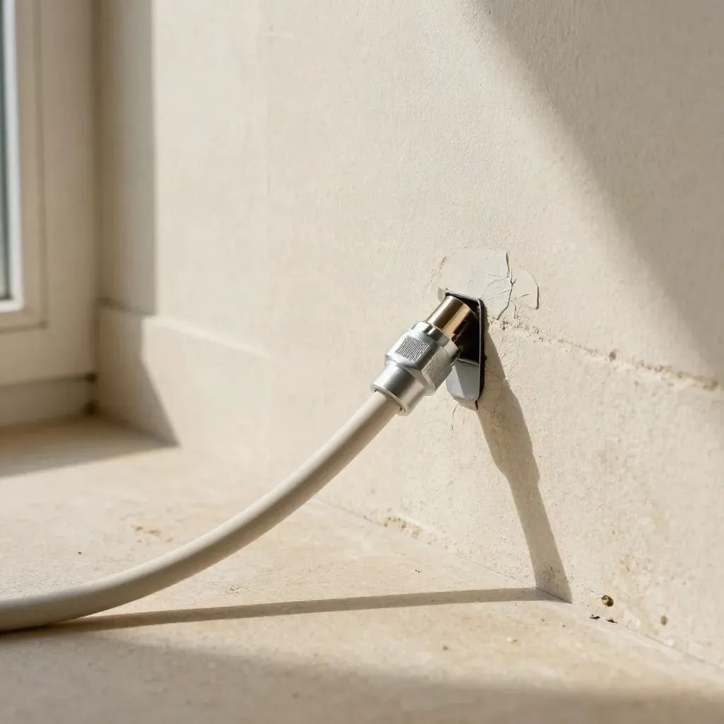 Coaxial nuevo fijado en pared de piedra clara, con conectores plateados y luz cálida lateral.