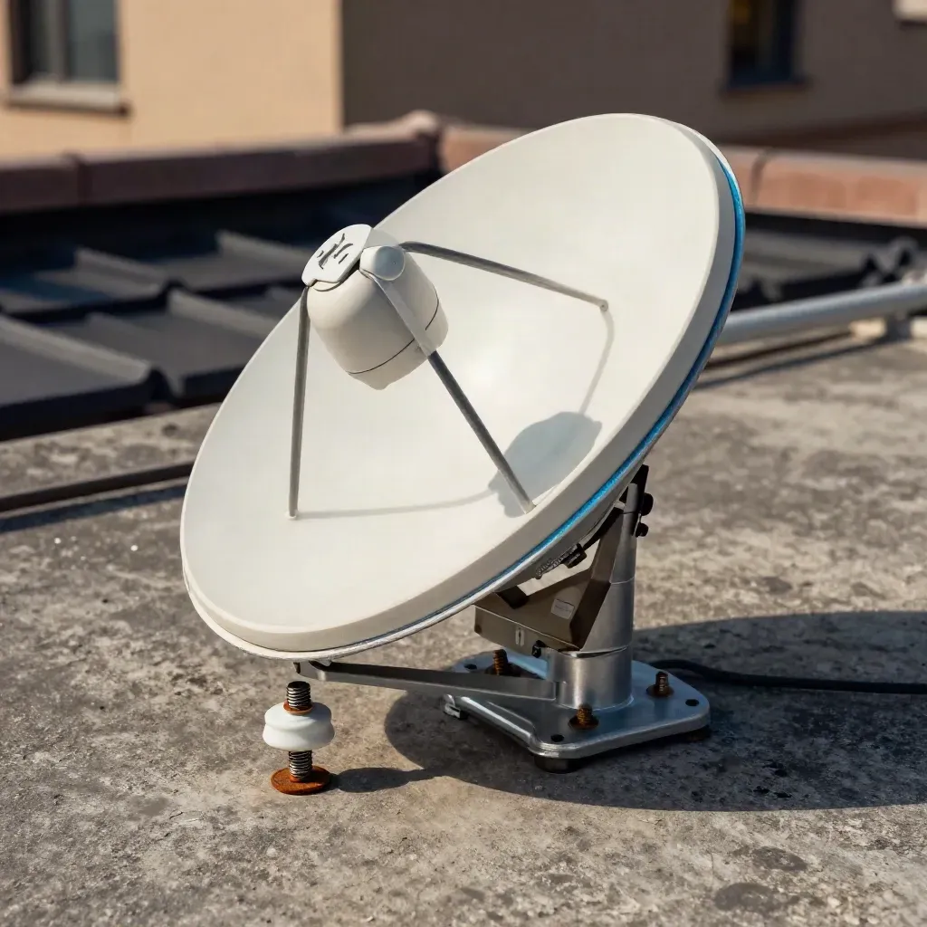 Piezas de soporte de antena satélite sobre hormigón, con luz dramática y un brillo azul sutil.