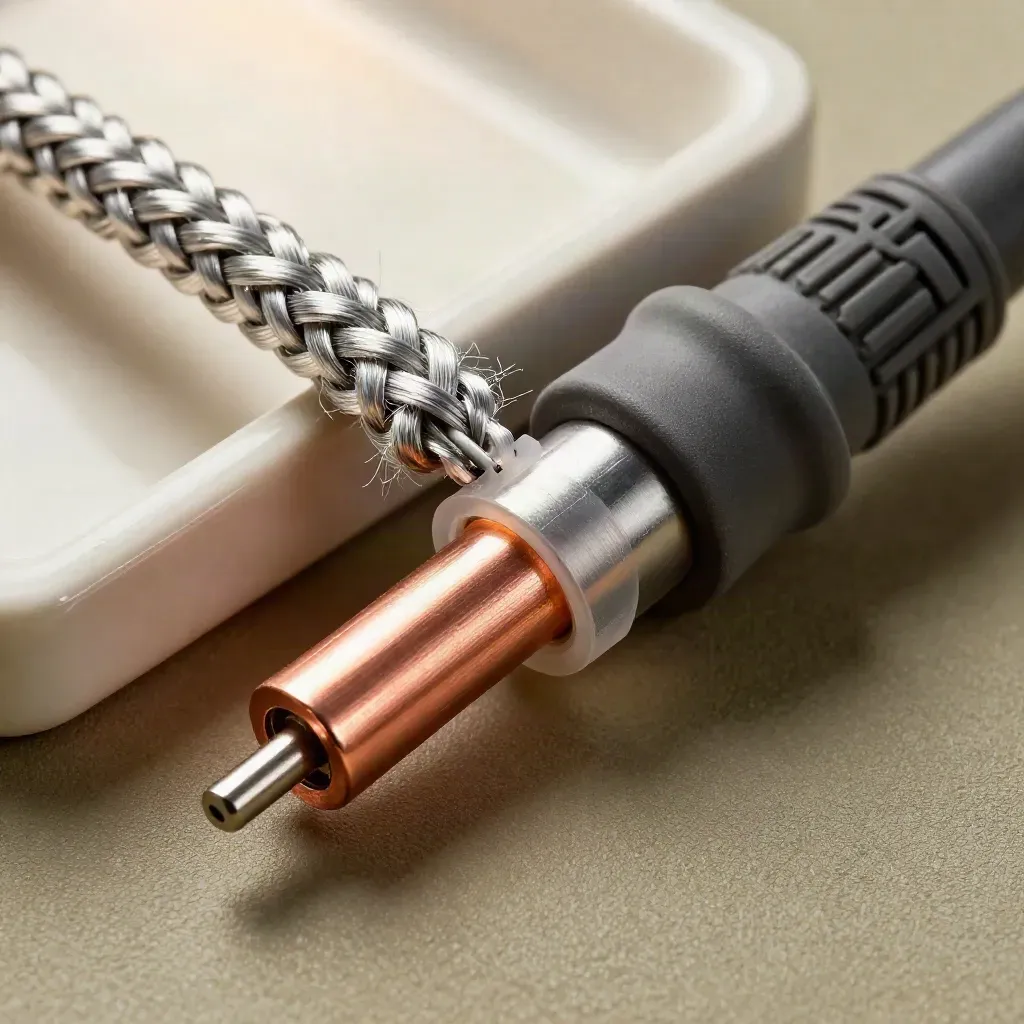Primer plano de cable coaxial pelado con cobre, funda termoencogible y punta de tester.