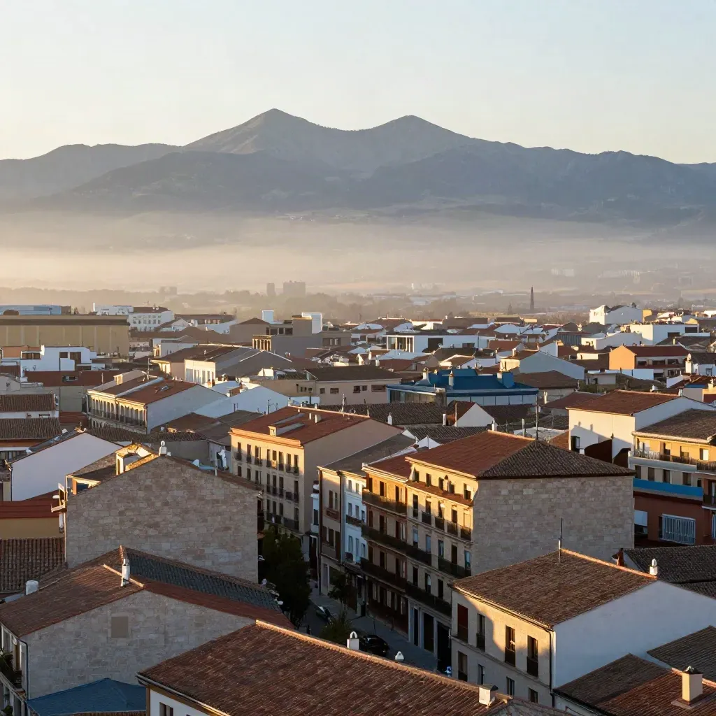 Panorámica de Madrid al amanecer con la Sierra de Guadarrama y tejados bajos.