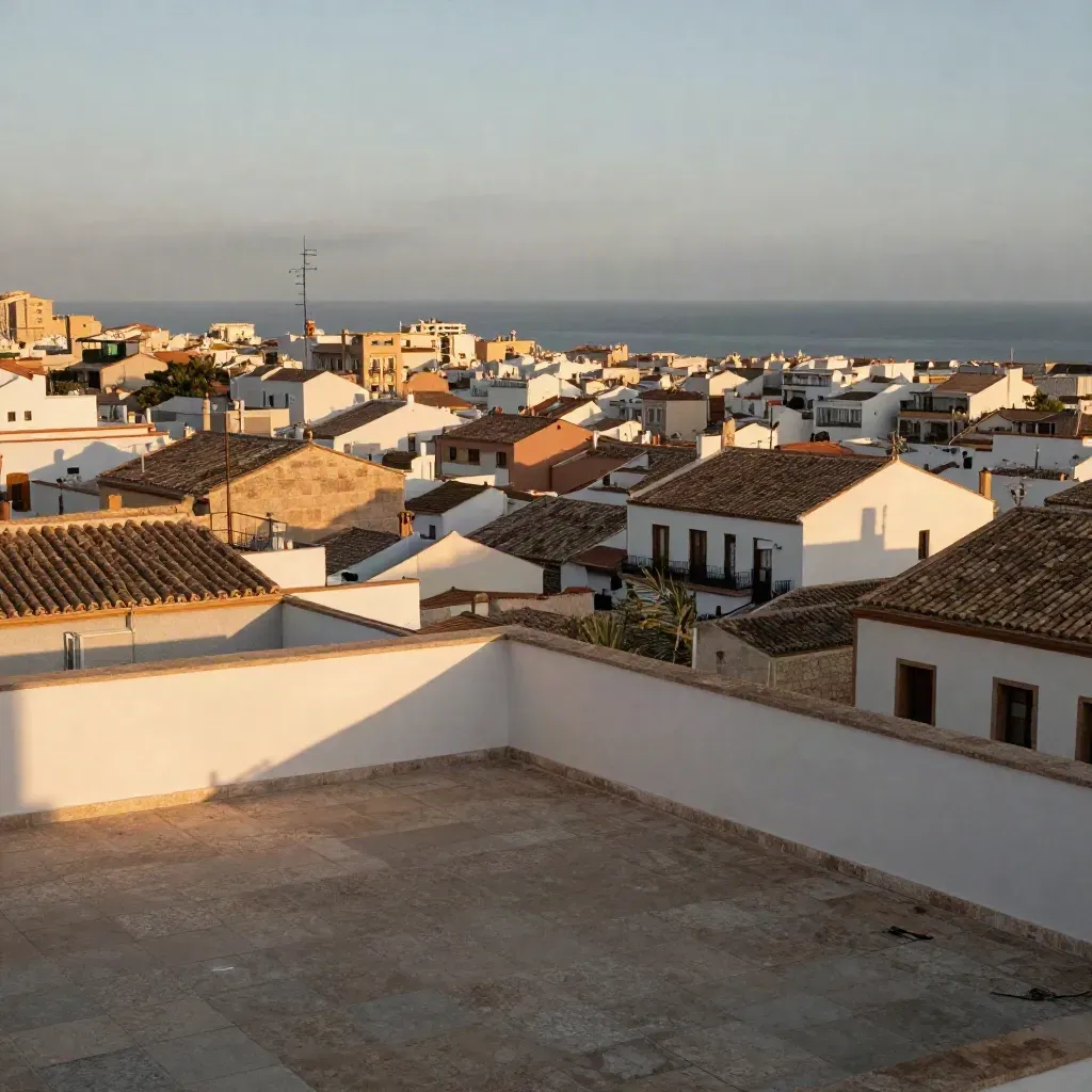 Tejados de Valencia al atardecer con mar lejano y terrazas luminosas.
