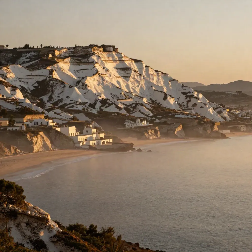 Costas de Málaga al atardecer con lomas blancas y mar en bruma cálida.
