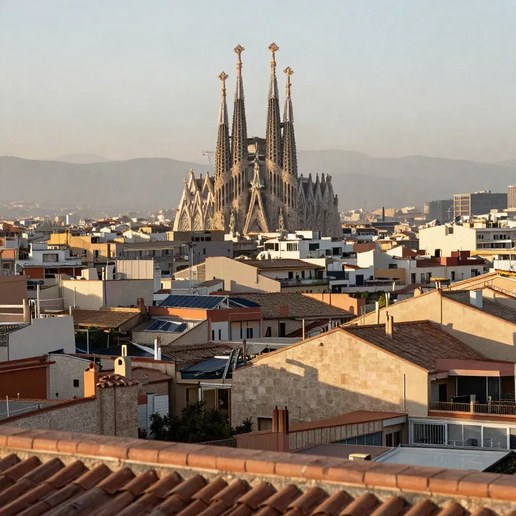 Barcelona con la Sagrada Família y tejados de Cataluña en neblina matinal.